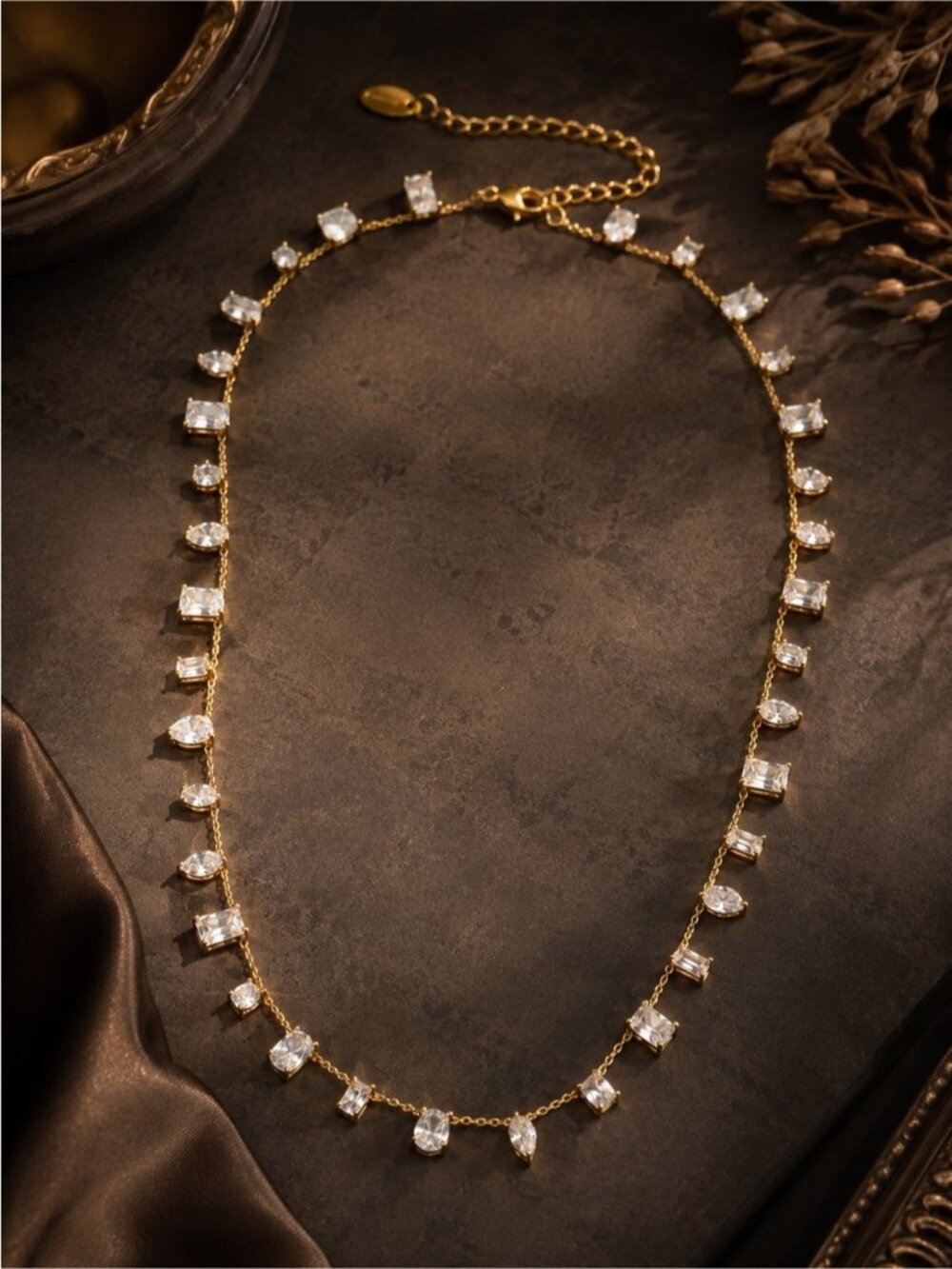 Gold Necklace with Clear Crystal Drops